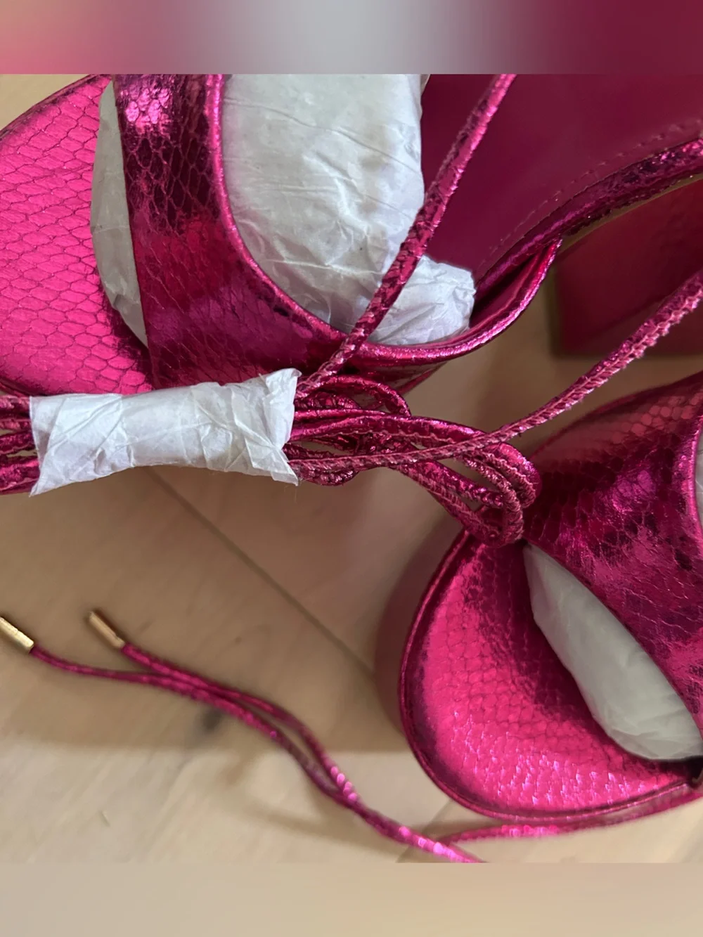 Metallic Pink Tie Ankle Chunky Platform Sandals Size 6